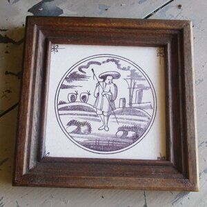 Vintage Delft Tile Old Delft Brown Solid Wood Frame Rare